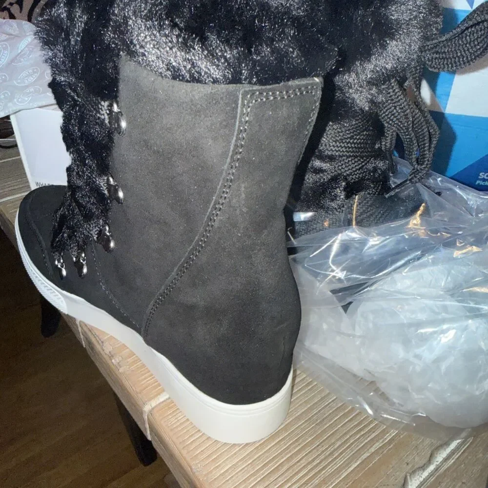 Steve Madden-Women's Wharton-Black/White-Wedge Faux Fur Suede Boots Size 10 NEW